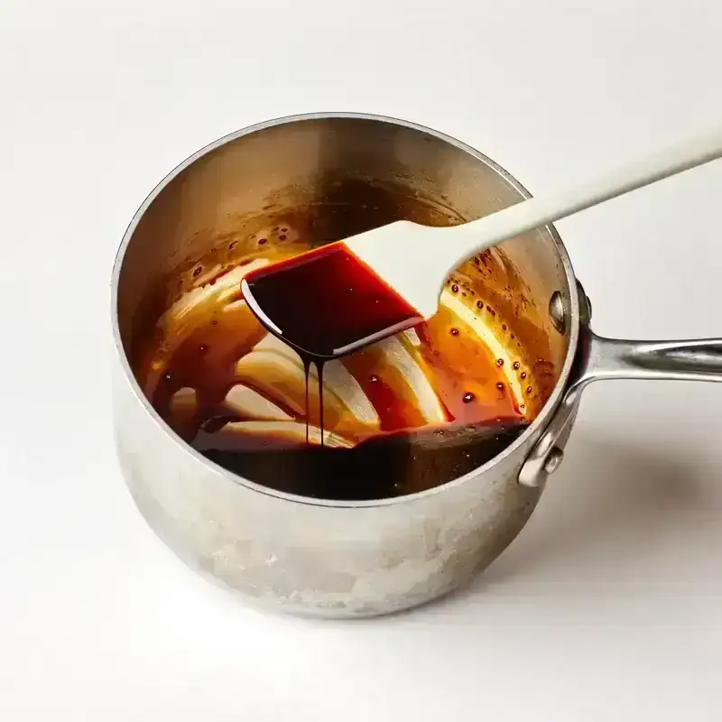 Mixing balsamic reduction in a pan on a white background