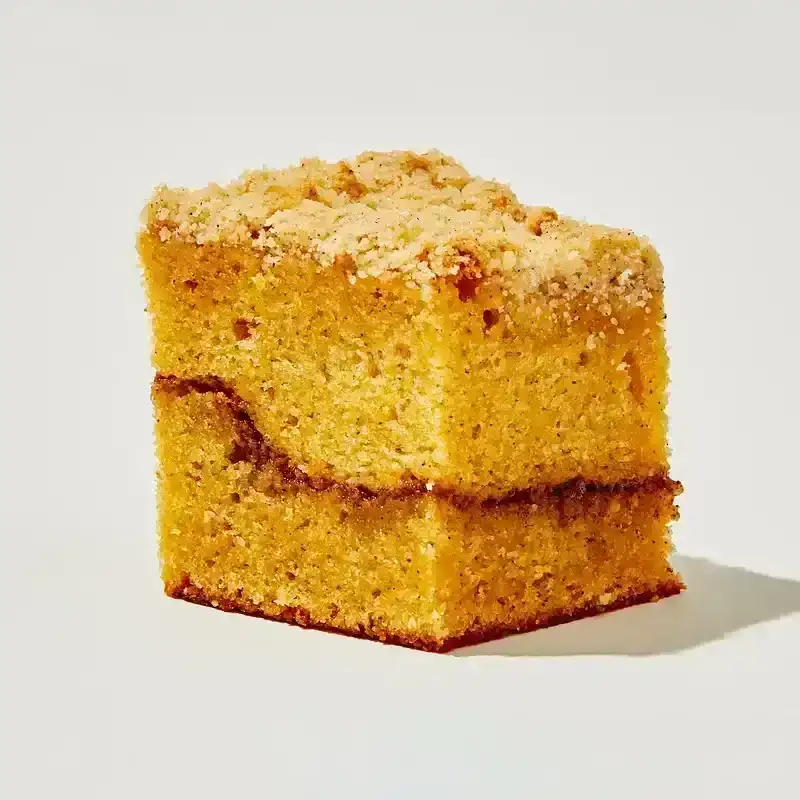 A single slice of squash coffee cake on a white background.