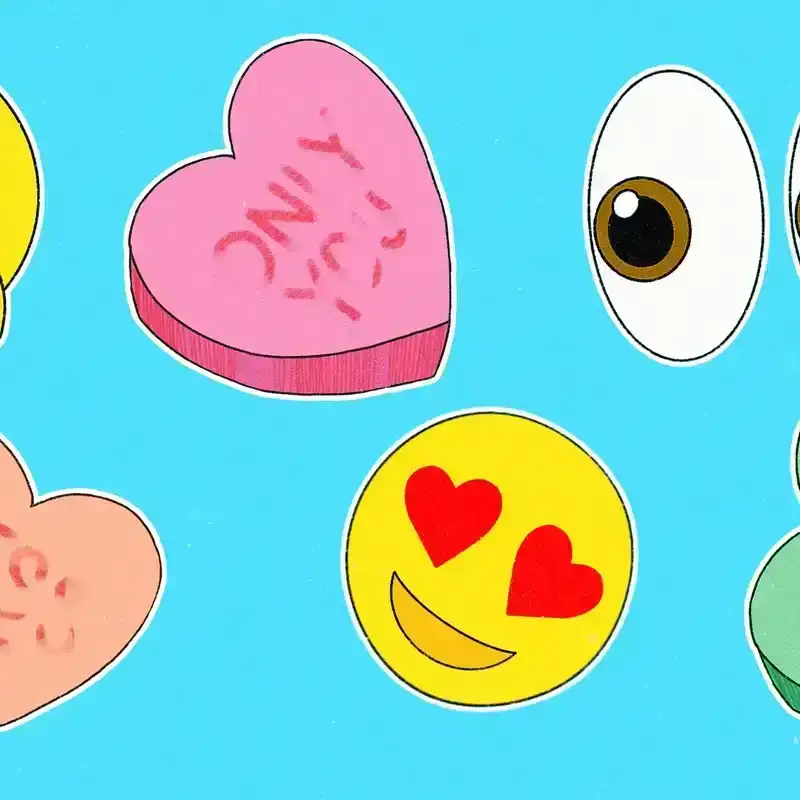 illustration of sweethearts candies with washed out words and emojis