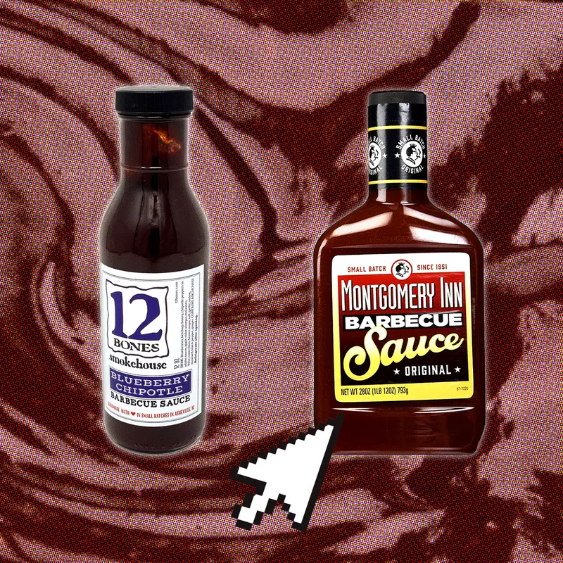 A collage of four of the best BBQ sauces against a background of swirled sauce