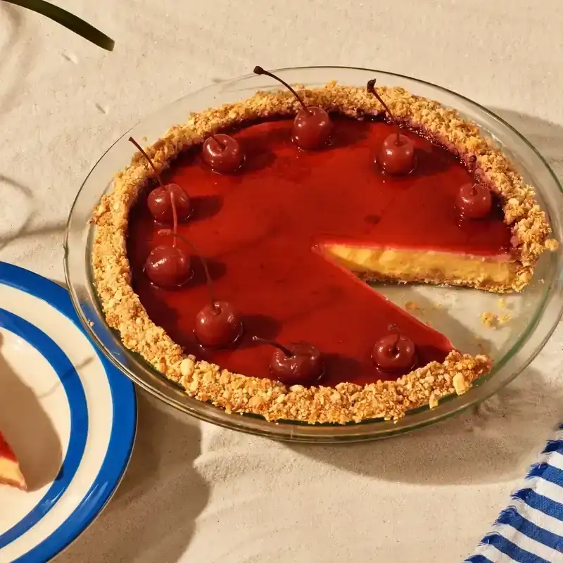 Cherry Lemonade Pie with a slice taken out and put to the side