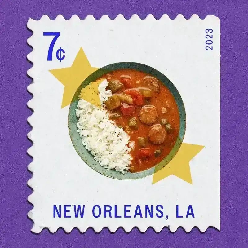 new orleans stamp of gumbo on a purple background