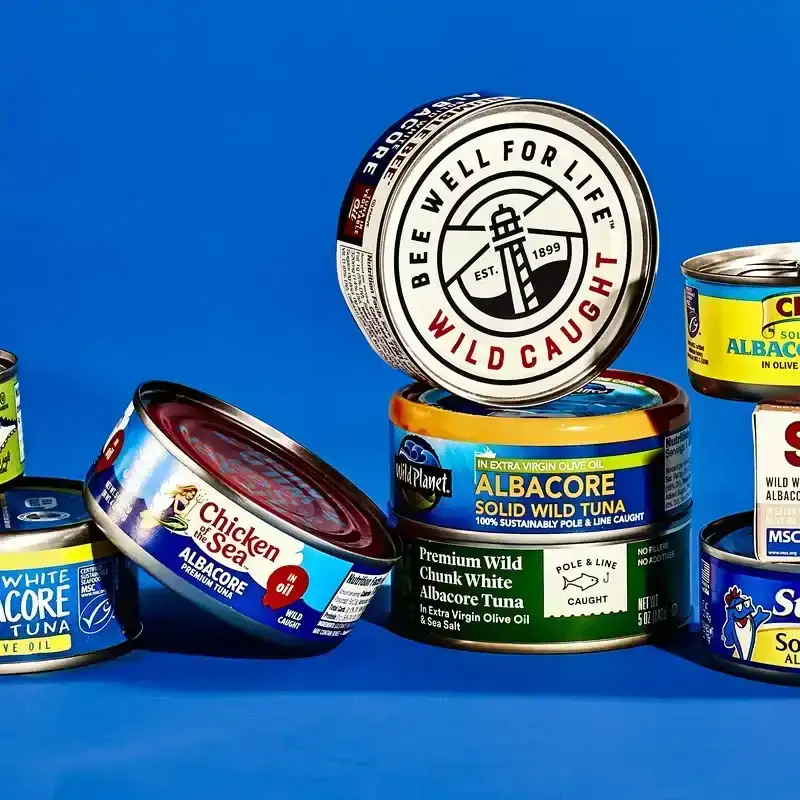 a variety of Cans of Tuna on a blue background 