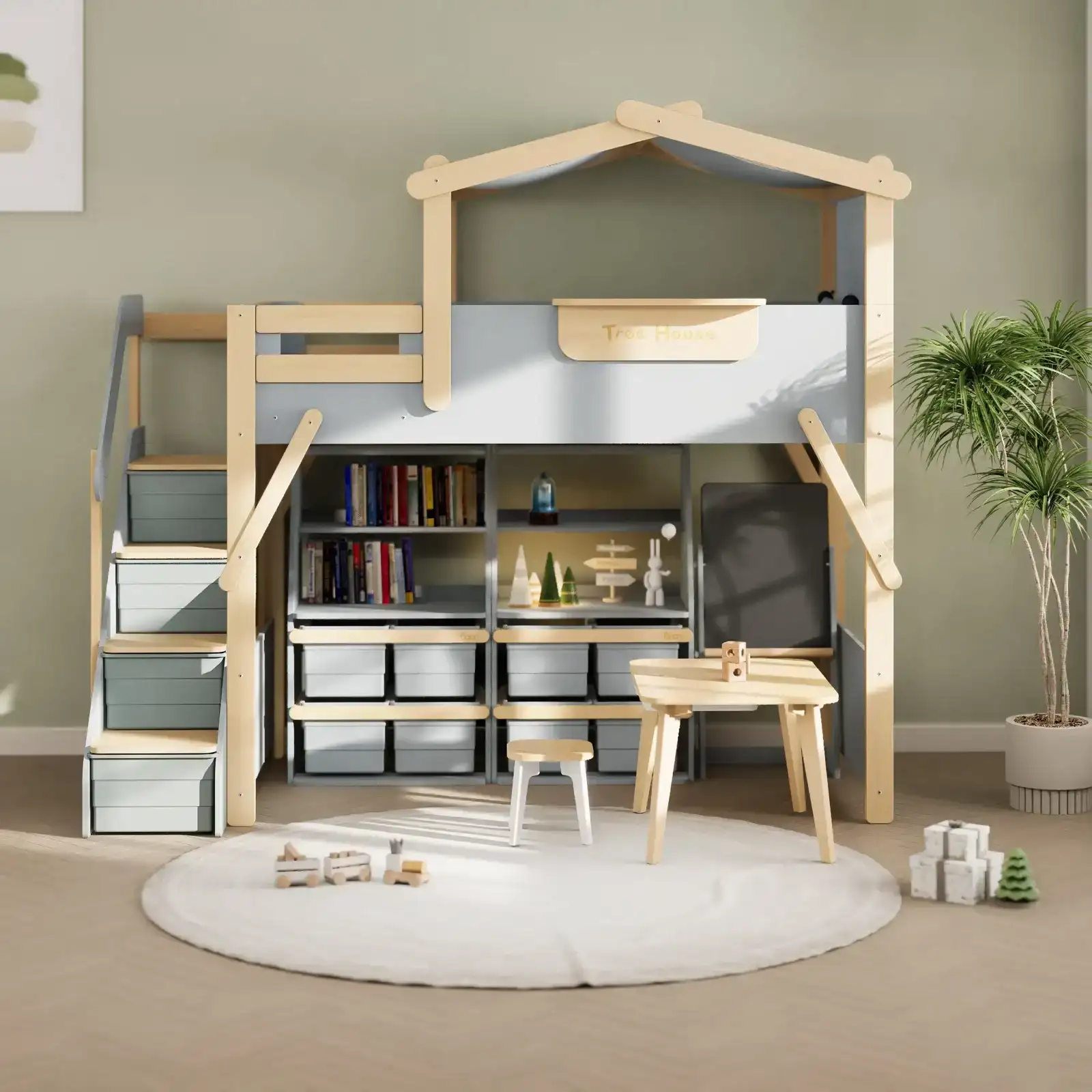 Image of Treehouse King Single Loft with Roof Frame and Storage Staircase