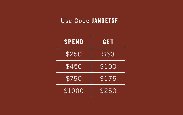 Use Code: JANGETSF Spend \\$250 and get \\$50 Spend \\$450 and get \\$100 Spend \\$750 and get \\$175 Spend \\$1000 and get \\$250