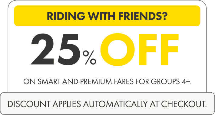 Grab group savings. 25% off SMART and PREMIUM fares.
