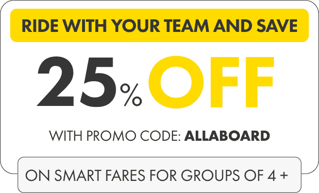 Groups 4+ save 25% on adult SMART fares with promo code: ALLABOARD