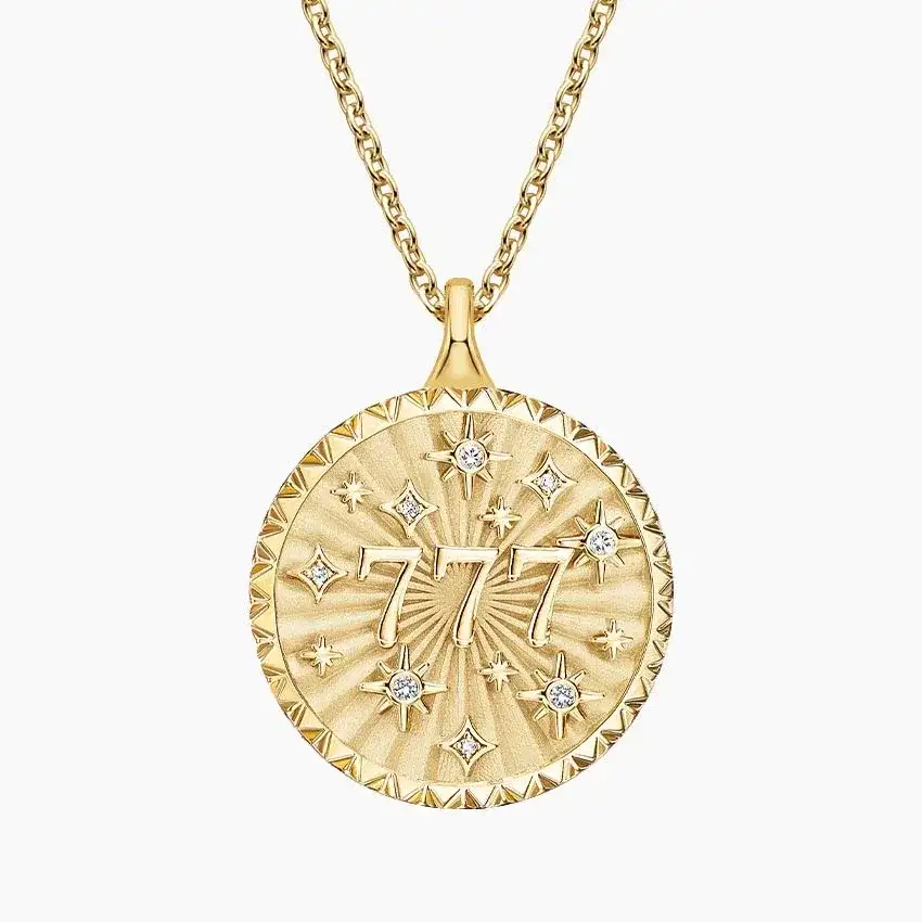 14K YELLOW GOLD 777 GOOD FORTUNE MEDALLION NECKLACE