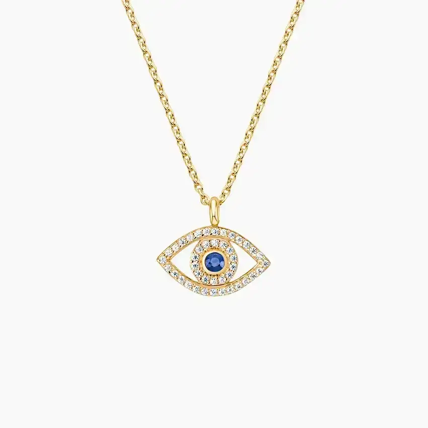 14K YELLOW GOLD EVIL EYE SAPPHIRE AND DIAMOND PENDANT