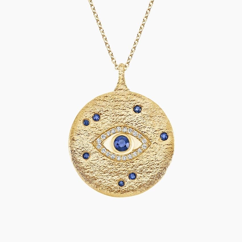 14K YELLOW GOLD EVIL EYE SAPPHIRE AND DIAMOND MEDALLION