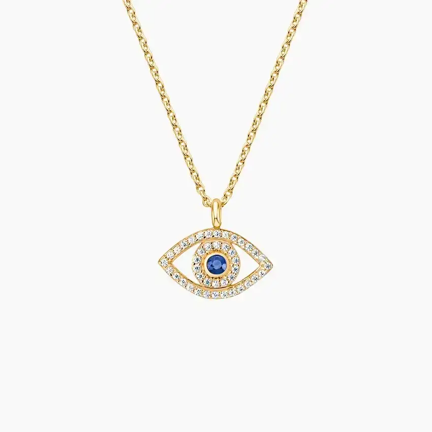 14K YELLOW GOLD EVIL EYE SAPPHIRE AND DIAMOND PENDANT