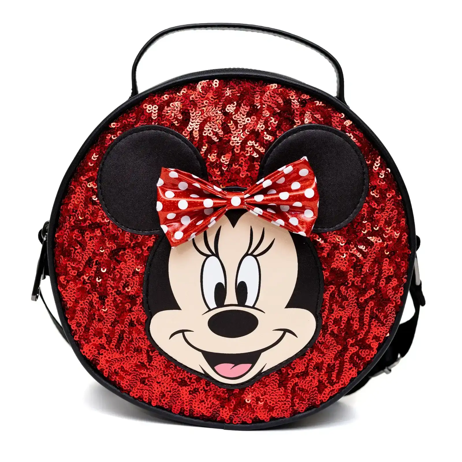 Image of Disney Bag, Cross Body, Round, Minnie Mouse Smiling Face and Bow Applique and Red Sequin, Vegan Leather