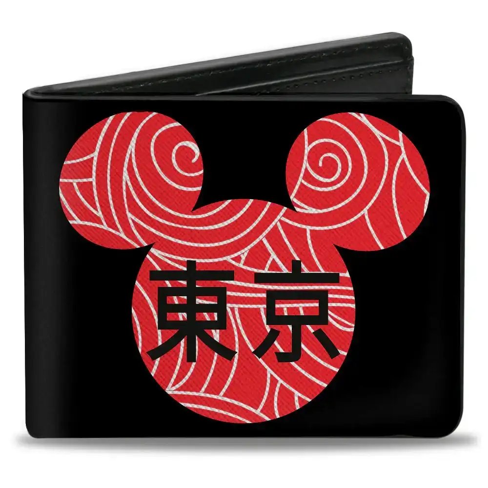 Image of Bi-Fold Wallet - Disney Mickey Mouse Ears TOKYO Japanese Characters Black/Red/White