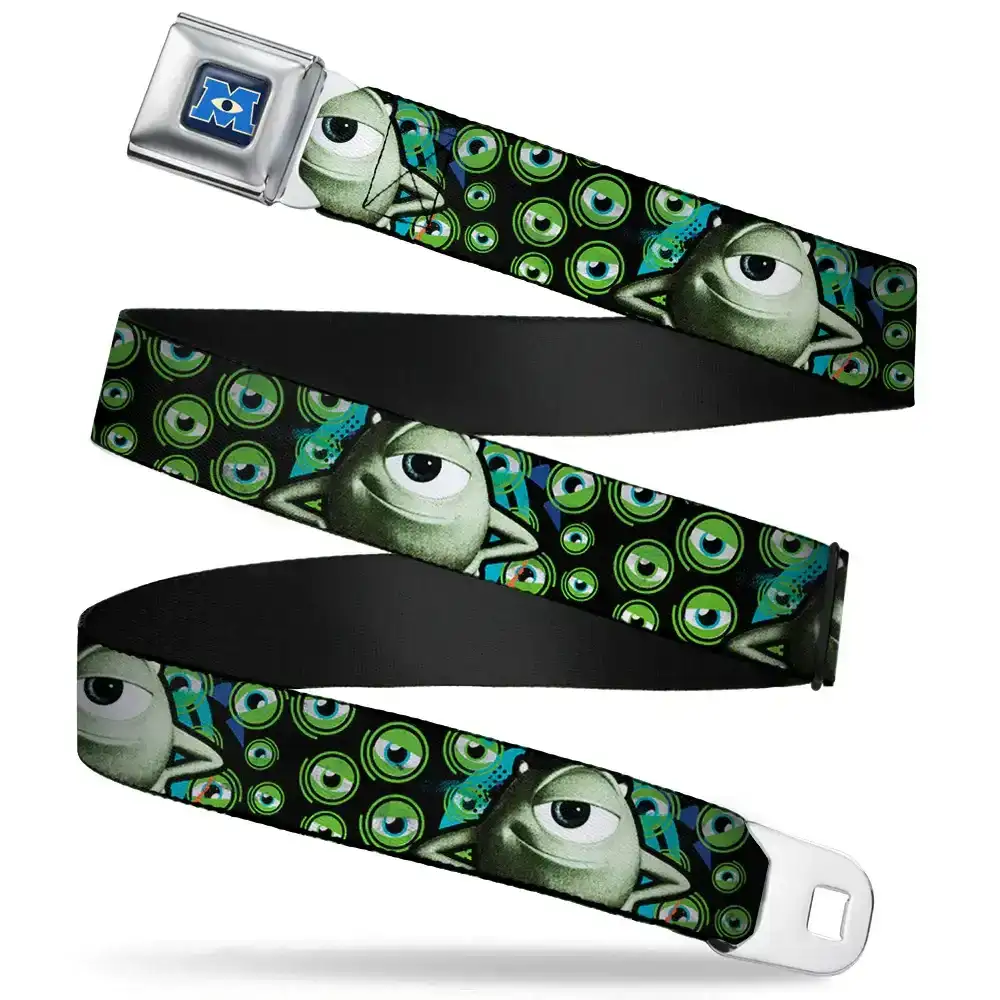Image of Monsters University Logo Full Color Blue White Seatbelt Belt - Mike Poses/Eyeballs Black/Greens Webbing