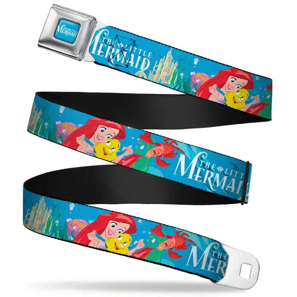 Image of THE LITTLE MERMAID Logo Full Color Turquoise White Seatbelt Belt - THE LITTLE MERMAID/Castle Ariel, Flounder & Sebastian Pose Webbing