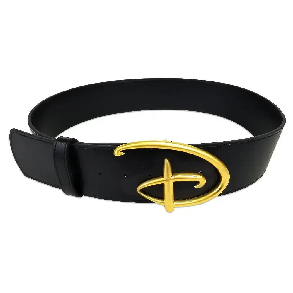 Image of Disney Signature D Logo Gold Enamel Cast Buckle - Black PU Strap Belt