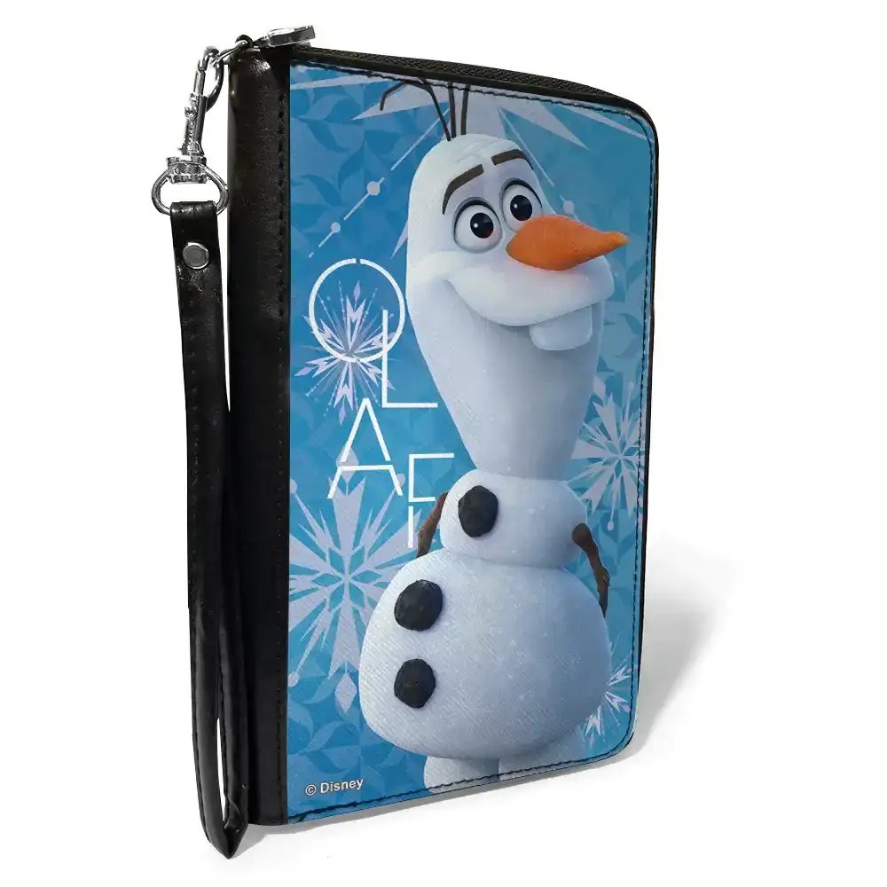 Image of PU Zip Around Wallet Rectangle - Frozen Olaf Smiling Pose and Text Snowflakes Blues/White