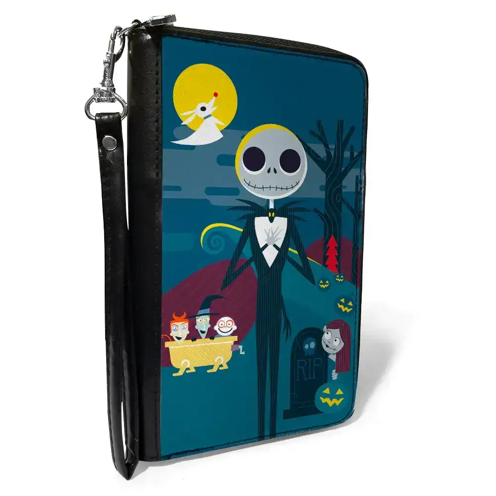 Image of Women's PU Zip Around Wallet Rectangle - Nightmare Before Christmas Stylized Jack Cemetery Scene Blues