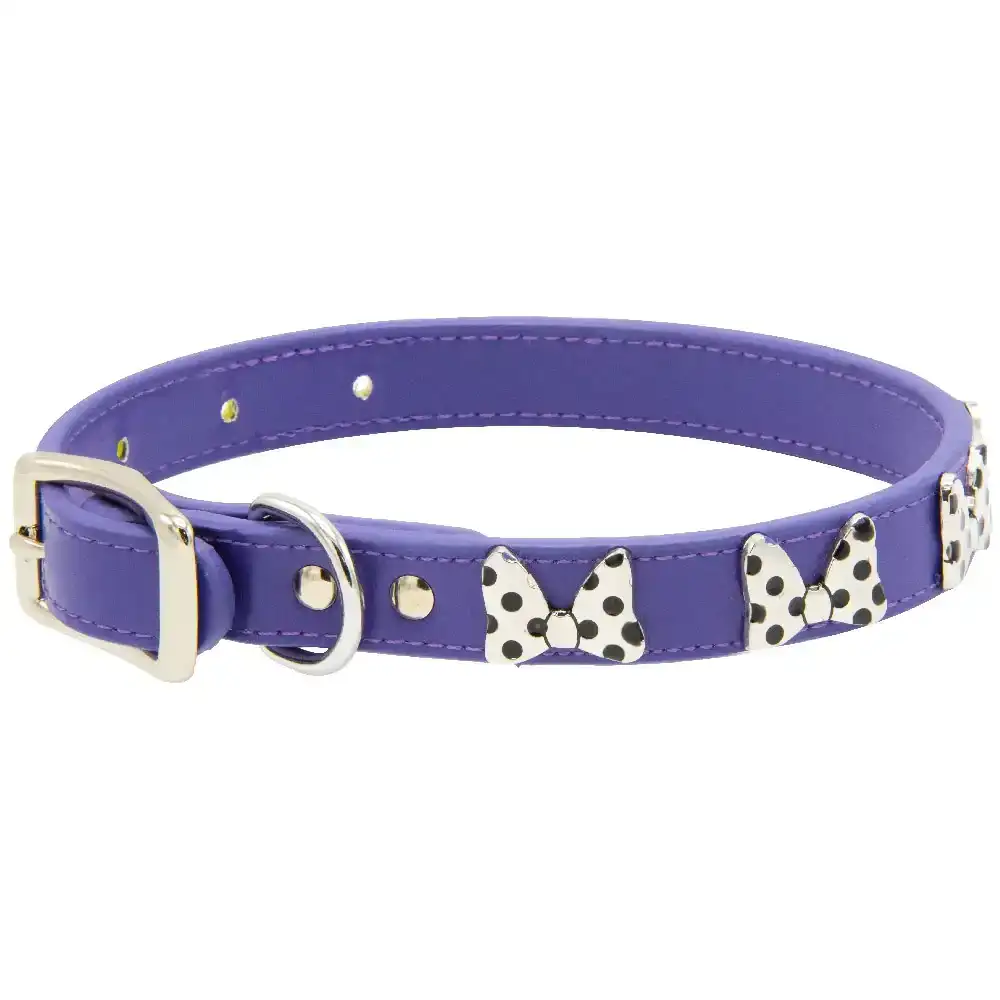 Image of Vegan Leather Dog Collar - Disney Purple PU w Silver Cast Minnie Mouse Bow Embellishments and Charm