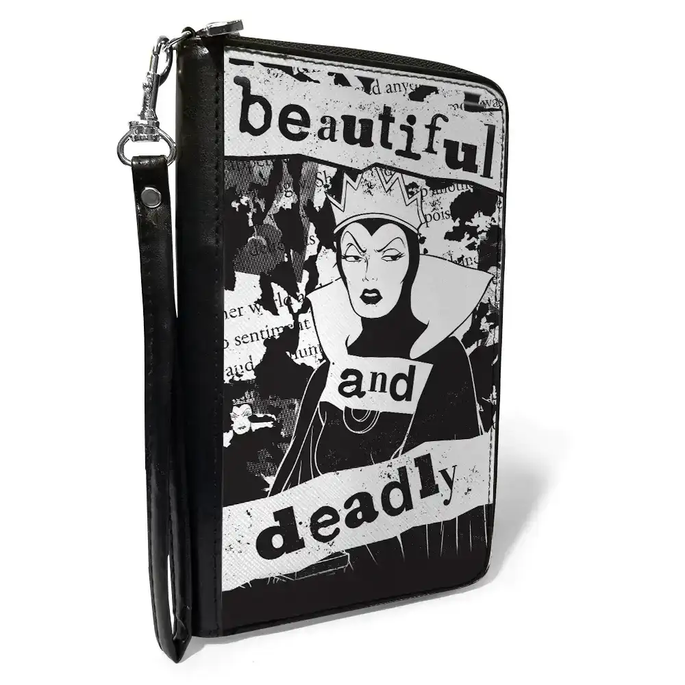 Image of PU Zip Around Wallet Rectangle - Snow White Evil Queen BEAUTIFUL AND DEADLY Pose Black/White