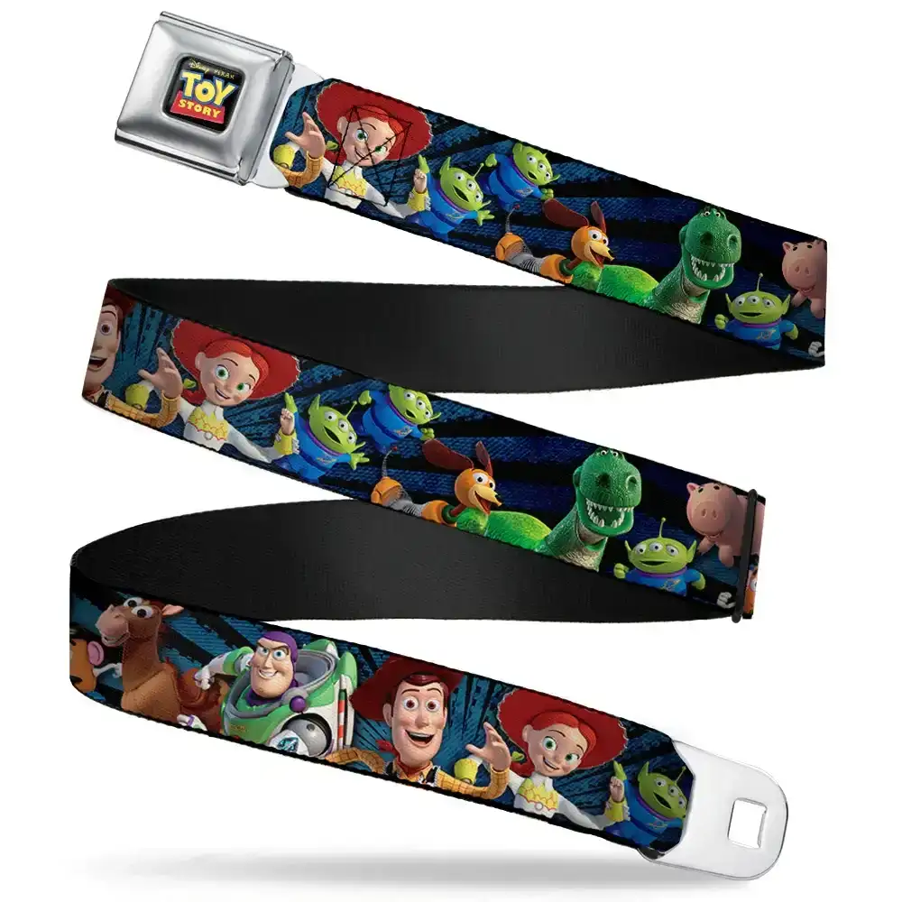 Image of TOY STORY Logo Full Color Black Seatbelt Belt - Toy Story Characters Running Denim Rays Webbing