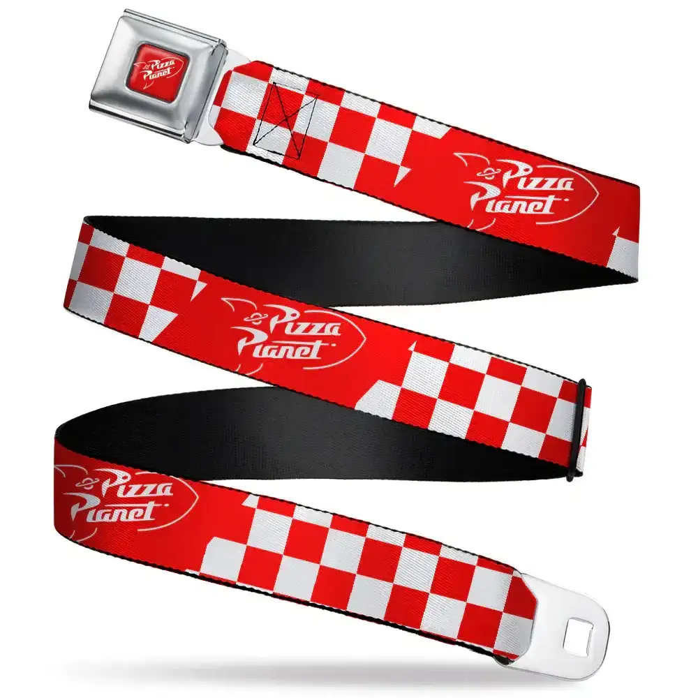 Image of Toy Story PIZZA PLANET Logo Full Color Red/White Seatbelt Belt - Toy Story PIZZA PLANET Logo Checker Red/White Webbing