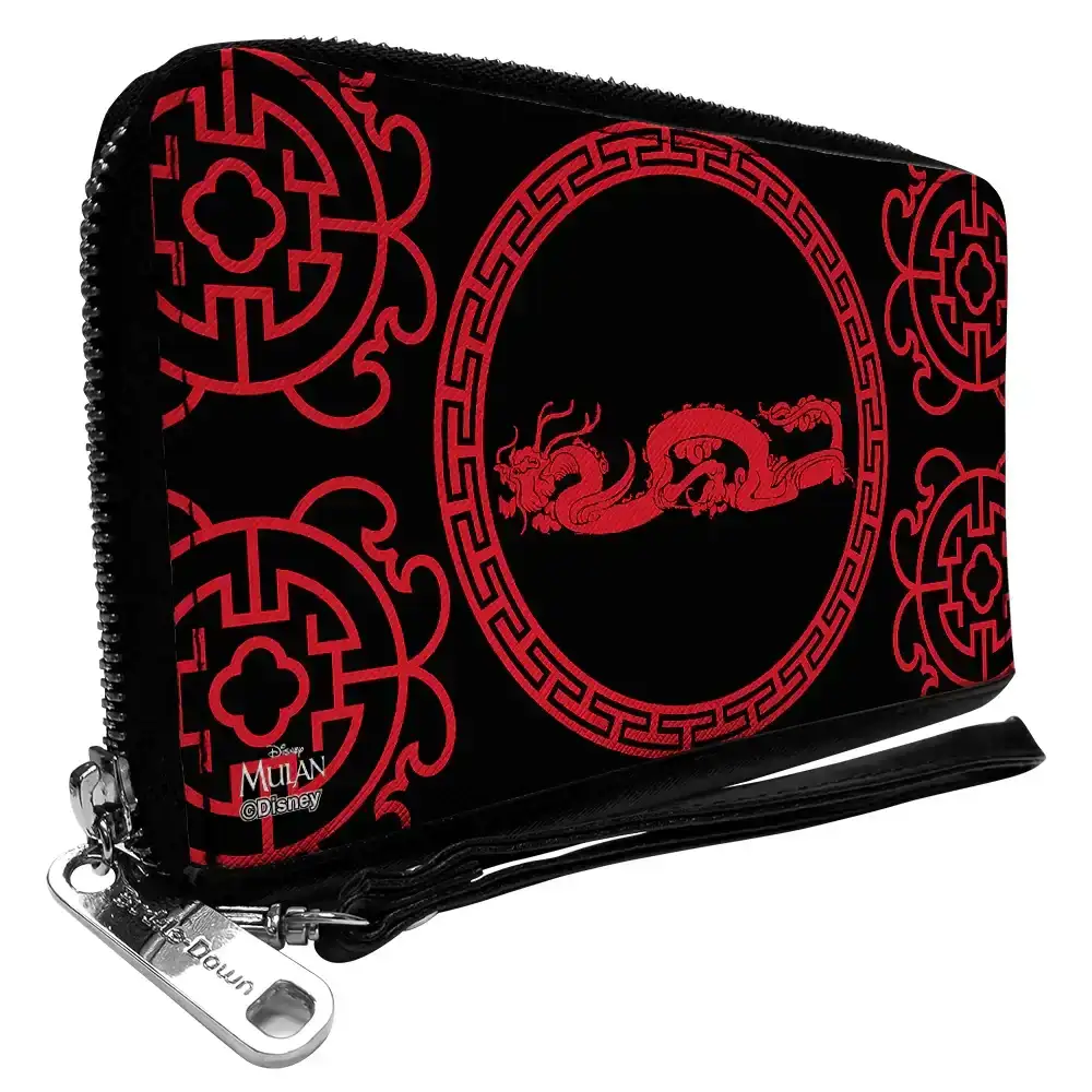 Image of Women's PU Zip Around Wallet Rectangle - Mulan Dragon Icon Lattice Pattern Black Red