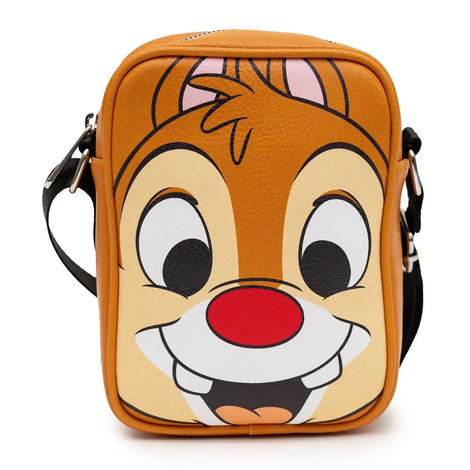 Image of Disney Bag, Cross Body, Dale Character Face Close Up on Front and Text on Back, Brown, Vegan Leather