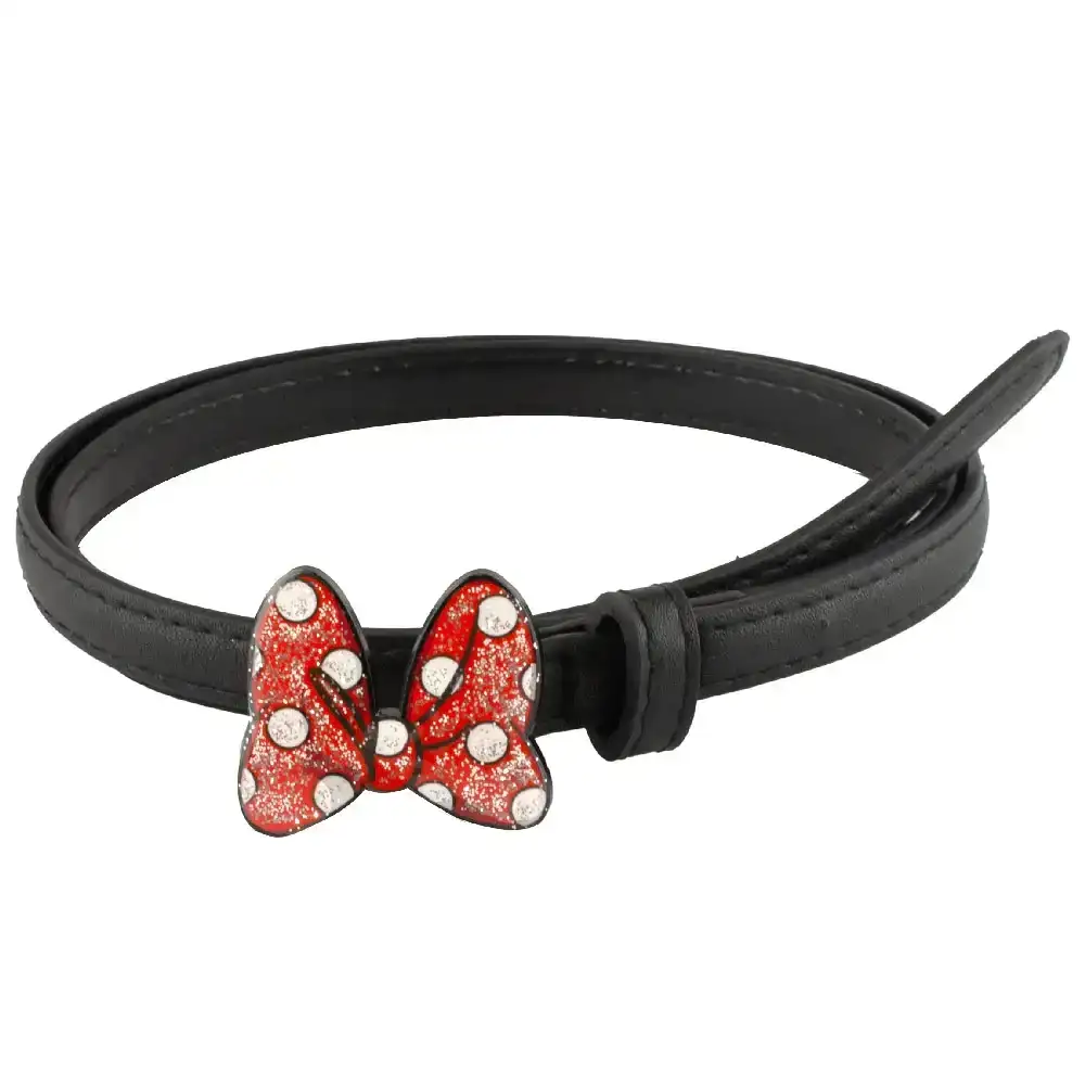 Image of Minnie Mouse Glitter Bow Enamel Cast Buckle - Black Patent PU Strap Belt