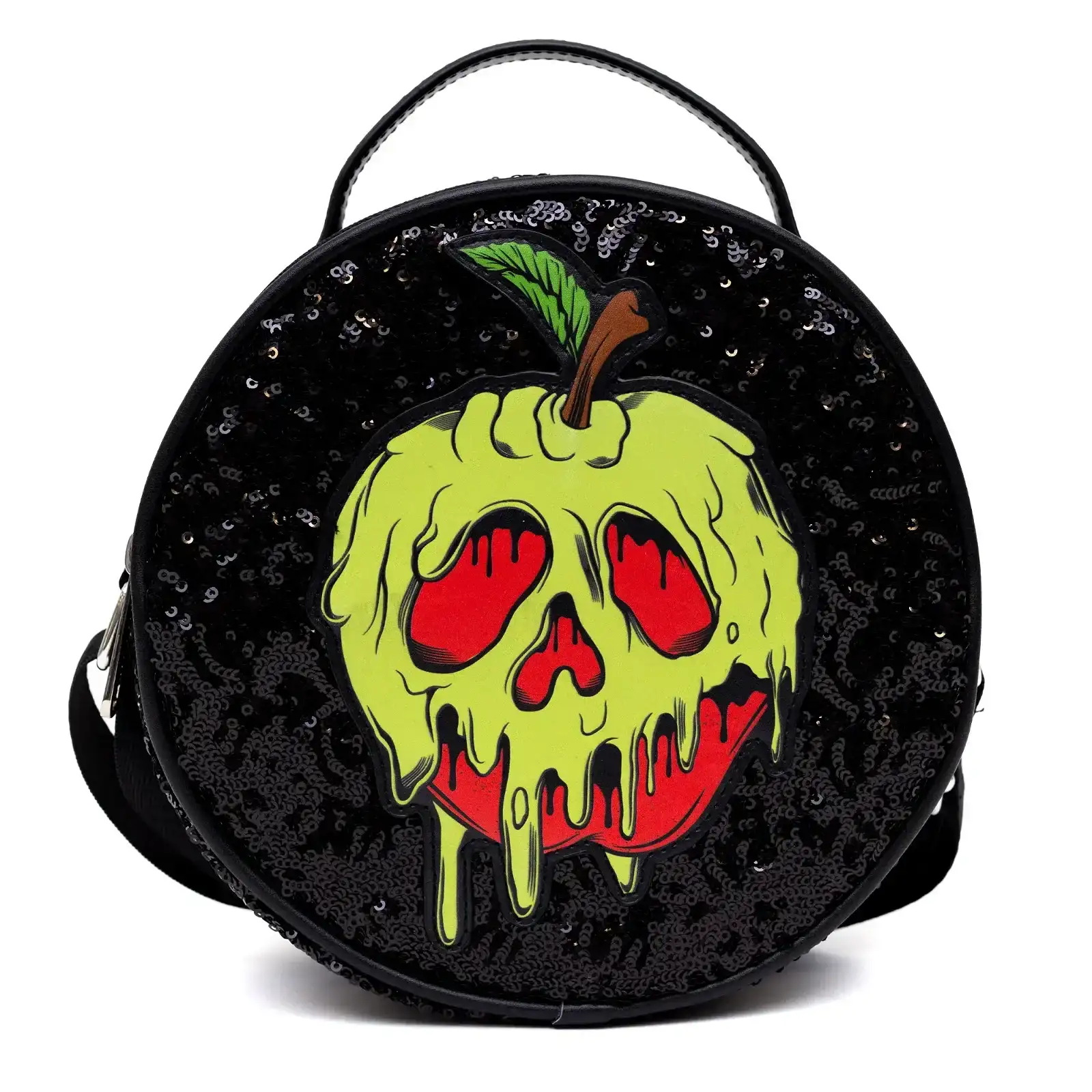 Image of Disney Bag, Cross Body, Round, Snow White Poison Apple Glow in the Dark Applique, Black Sequin, Vegan Leather