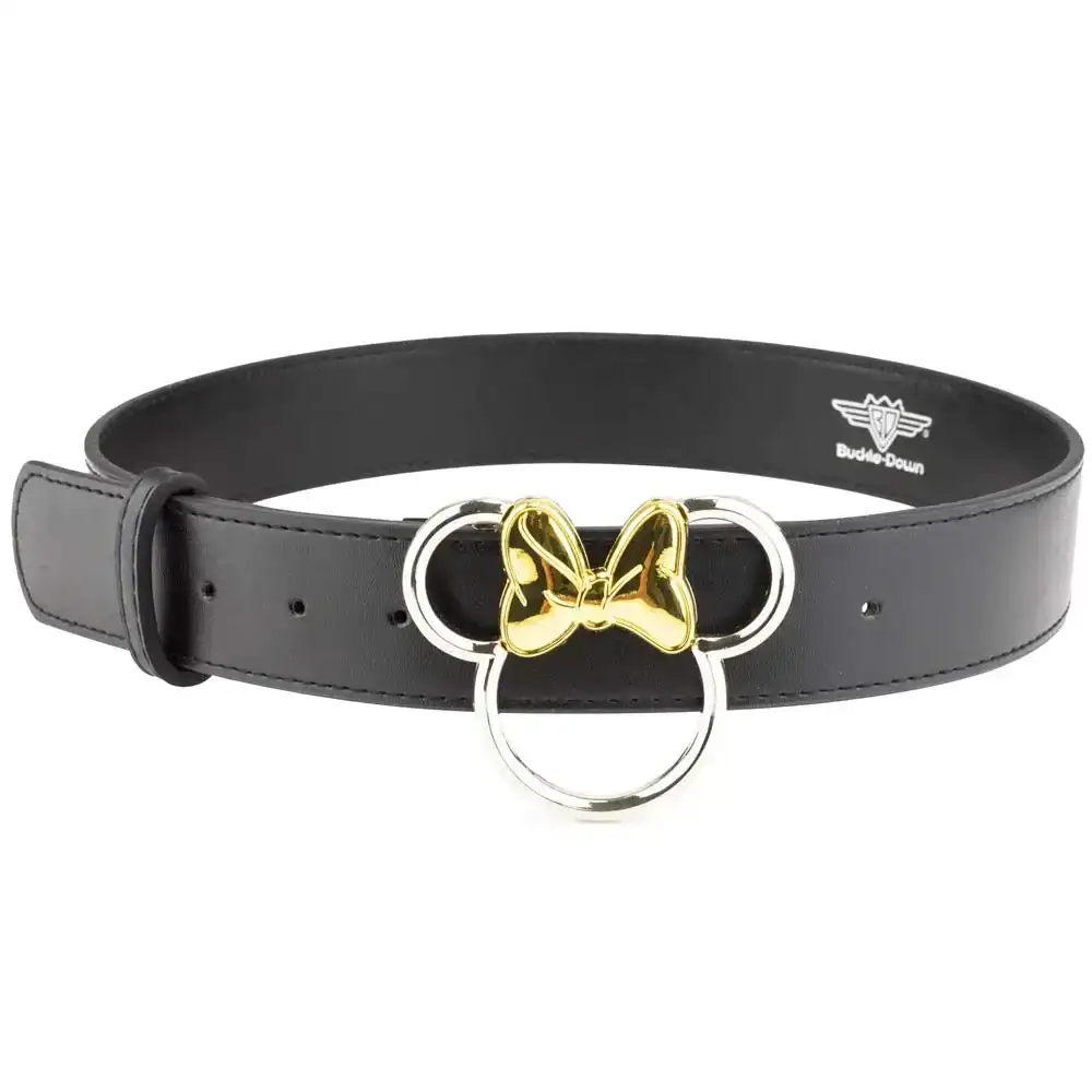 Image of Minnie Mouse Ears w/Bow Outline Silver/Gold Cast Buckle - Black PU Strap Belt