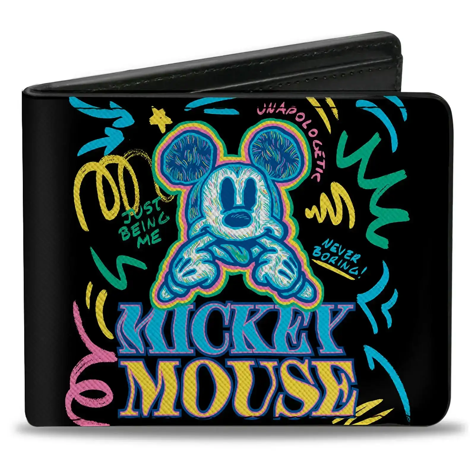 Image of Bi-Fold Wallet - Mickey Mouse Expression and Thumbs Up Doodles Black/Multi Color