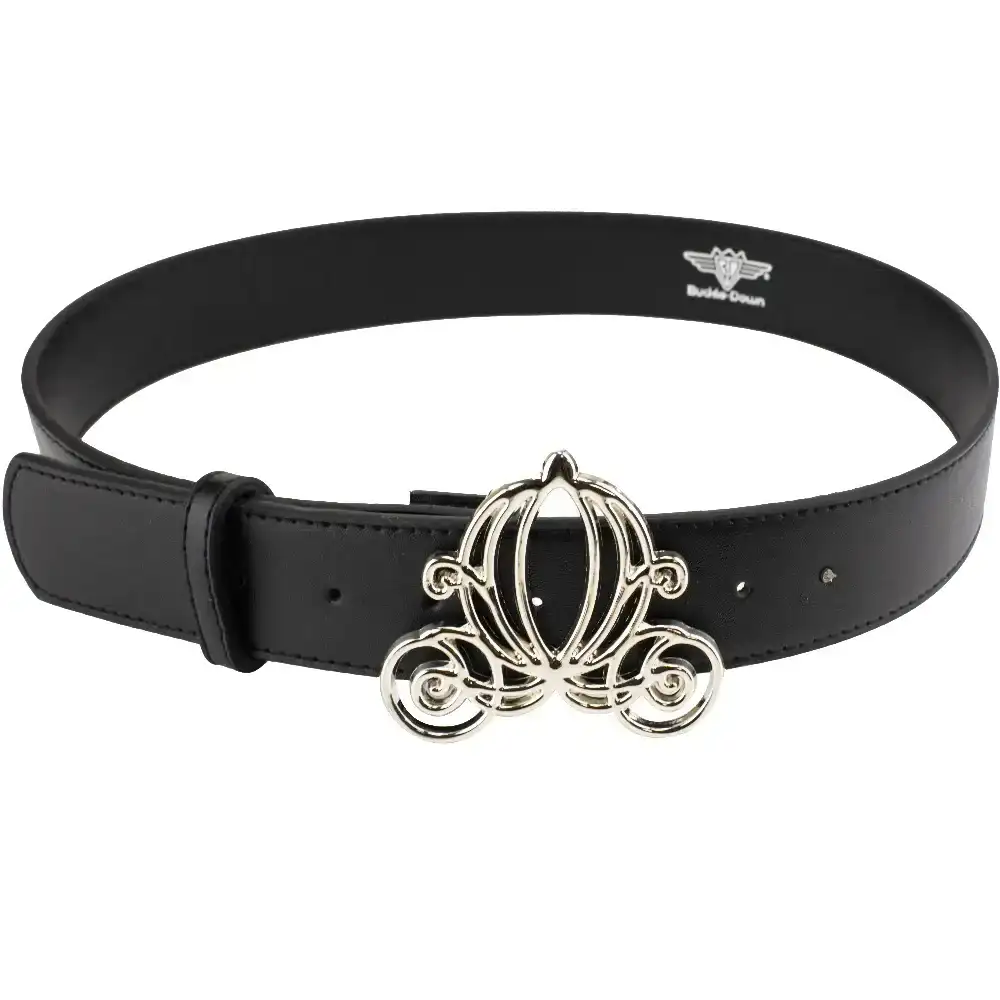 Image of Cinderella Carriage Silver Cast Buckle - Black PU Strap Belt