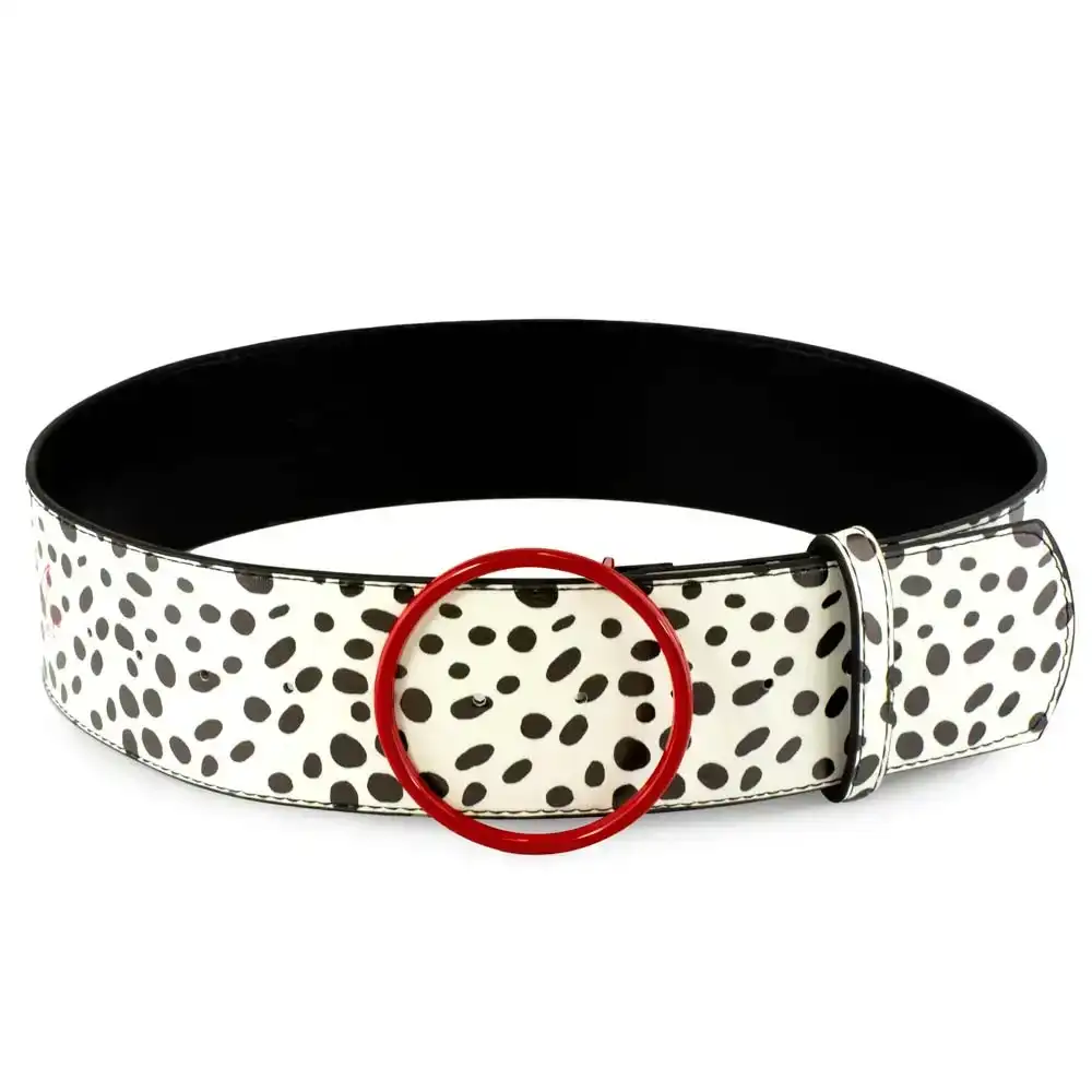 Image of Cruella De Vil Red Cast Buckle - Dalmatian Spots White/Black PU Strap Belt