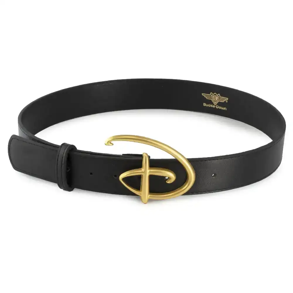 Image of Disney Signature D Logo Gold Cast Buckle - 1.5 Inch Wide - Black PU Strap Belt