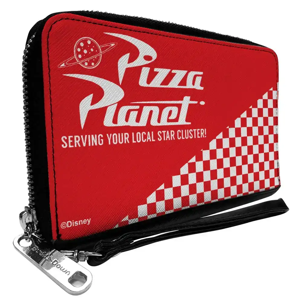 Image of PU Zip Around Wallet Rectangle - Toy Story PIZZA PLANET SERVING YOUR LOCAL STAR CLUSTER Checker Red/White