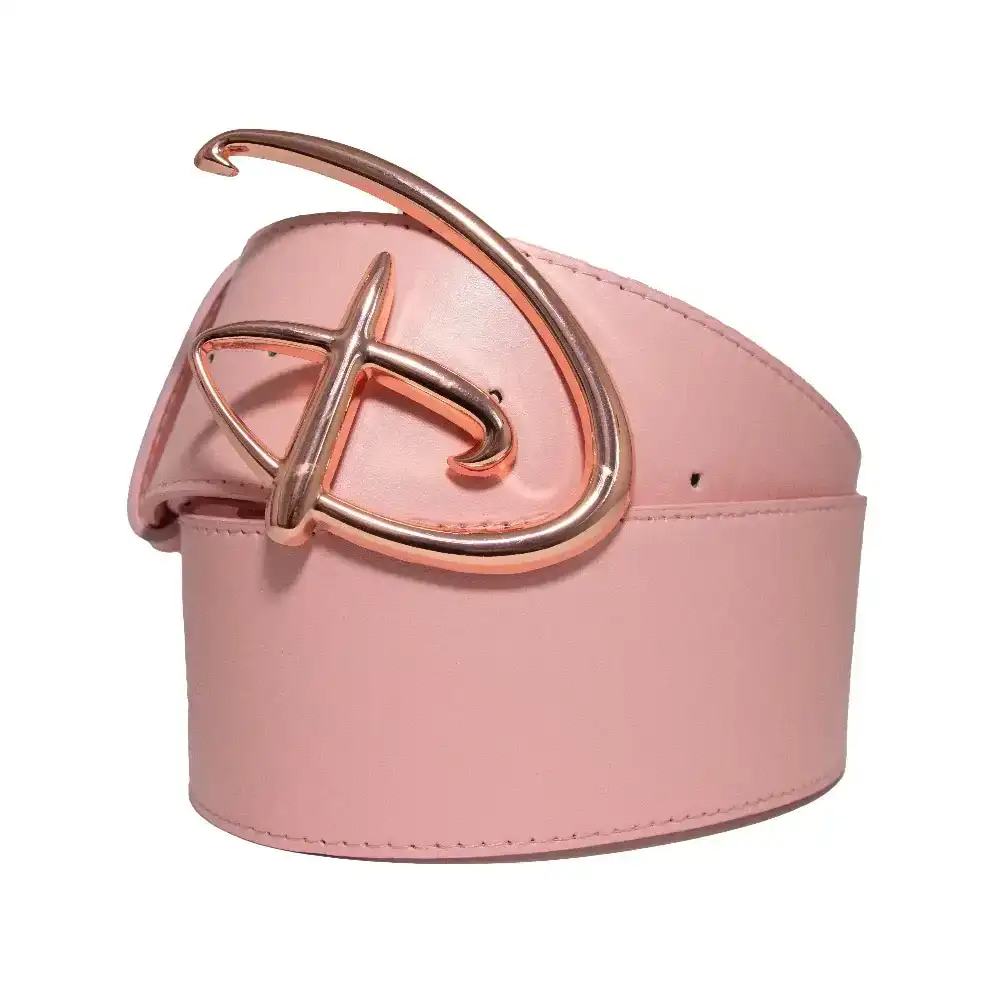 Image of Disney Signature D Logo Rose Gold Cast Buckle - Pink PU Strap Belt