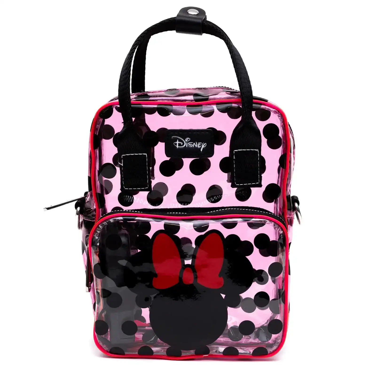 Image of Disney Bag, Cross Body Light Up, Minnie Mouse Ears and Bow Icon with Polka Dots, Transparent, Pink PVC