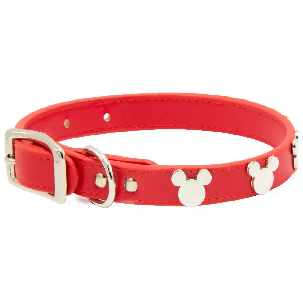 Image of Vegan Leather Dog Collar - Disney Red PU w Silver Cast Mickey Mouse Head Icon Embellishments and Charm