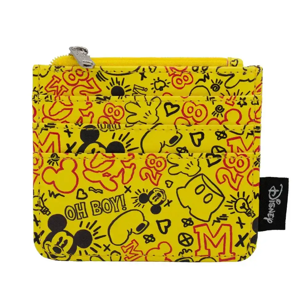 Image of Wallet ID Zip Top - Mickey Mouse Icon Doodles Collage Yellow Black Red