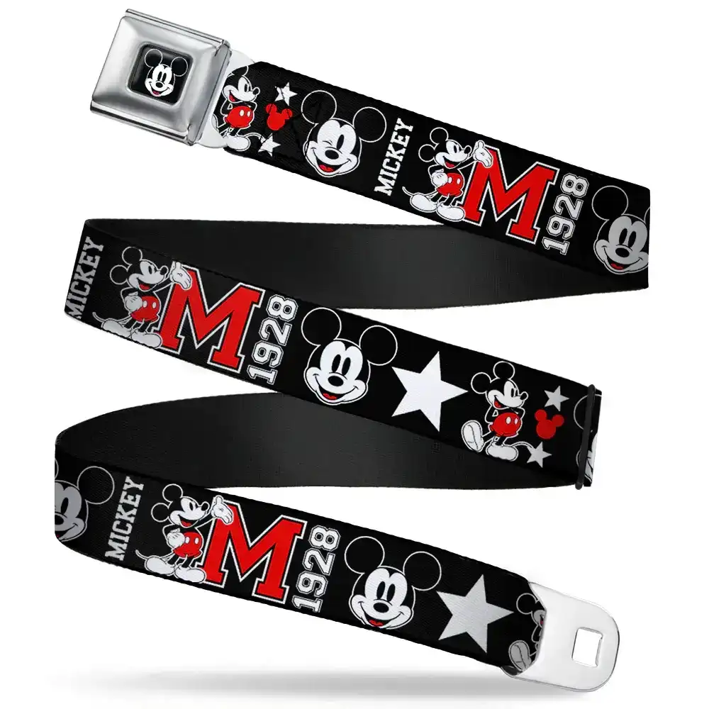 Image of Mickey Mouse Face Full Color Black Seatbelt Belt - Classic Mickey Mouse 1928 Collage Black/White/Red Webbing