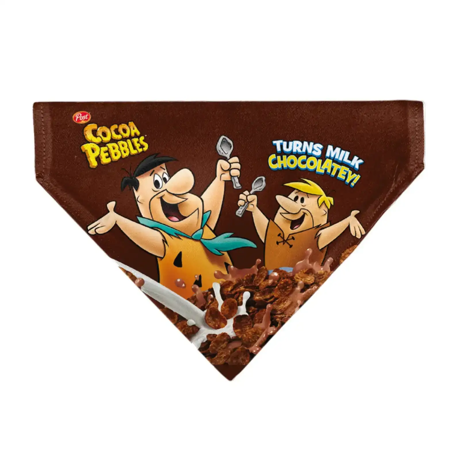 Image of Pet Bandana - COCOA PEBBLES Fred Flintstone and Barney Rubble Cereal Box Print and Vivid Cereal Brown