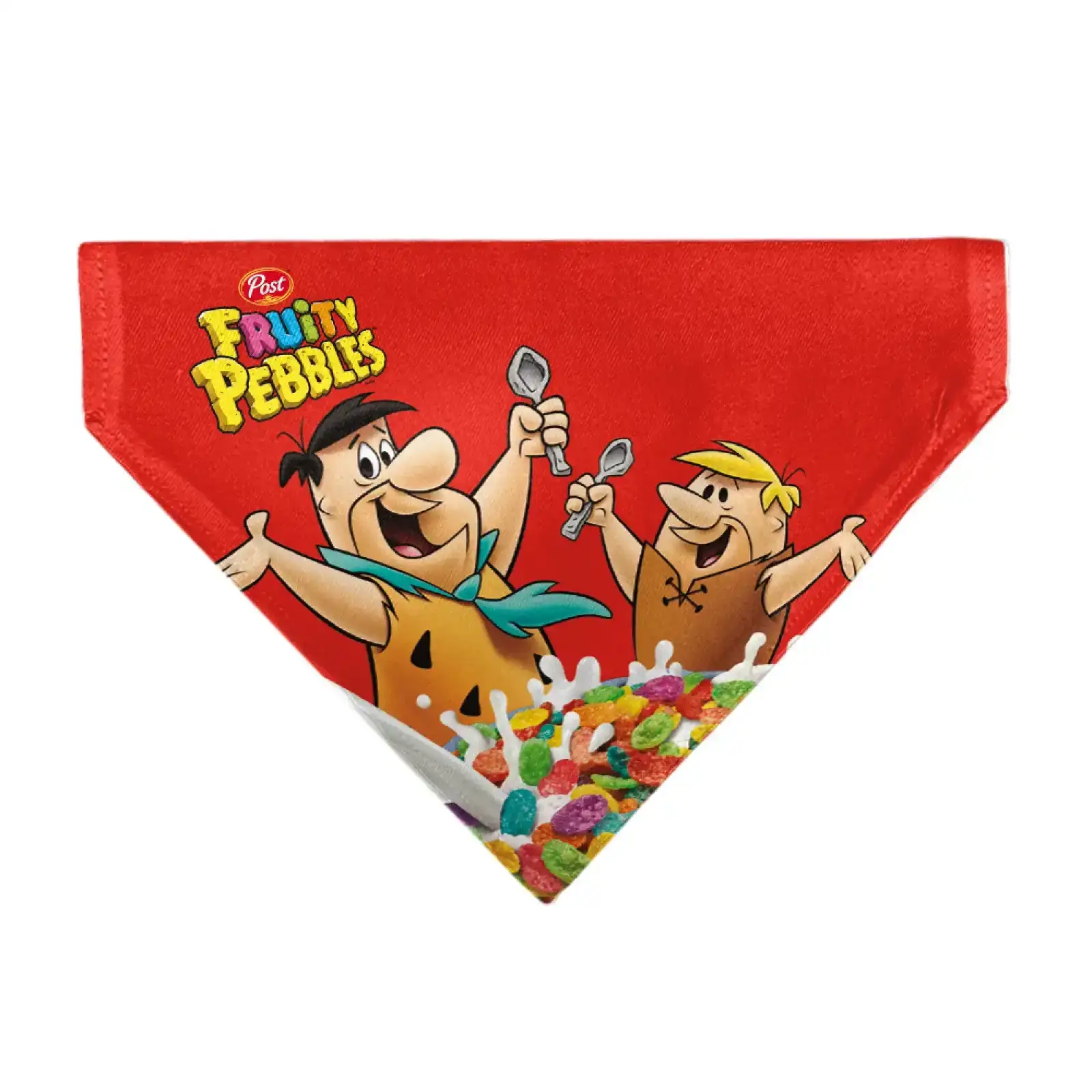 Image of Pet Bandana - FRUITY PEBBLES Fred Flintstone and Barney Rubble Cereal Box Print and Vivid Cereal Multi Color