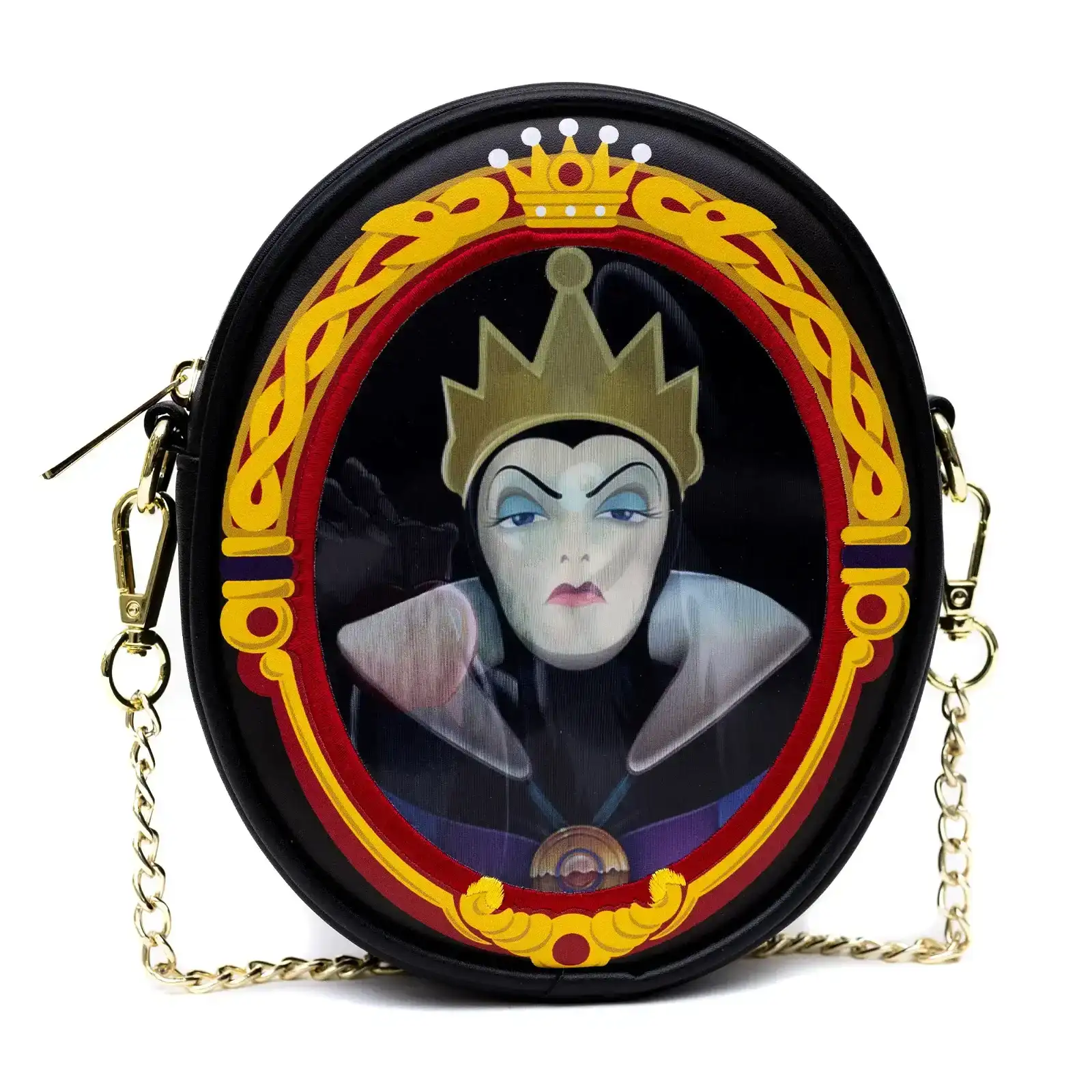 Image of Disney Bag, Oval Crossbody, Snow White Old Hag and Evil Queen Villains Lenticular Portrait, Black, Vegan Leather