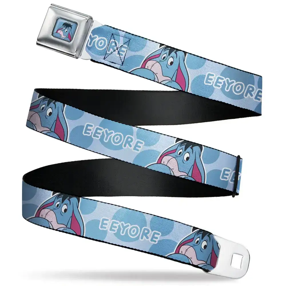 Image of Winnie the Pooh Eeyore Expression Close-Up Blue Seatbelt Belt - Winnie the Pooh Eeyore Text and Expression Close-Up Dot Blues Webbing