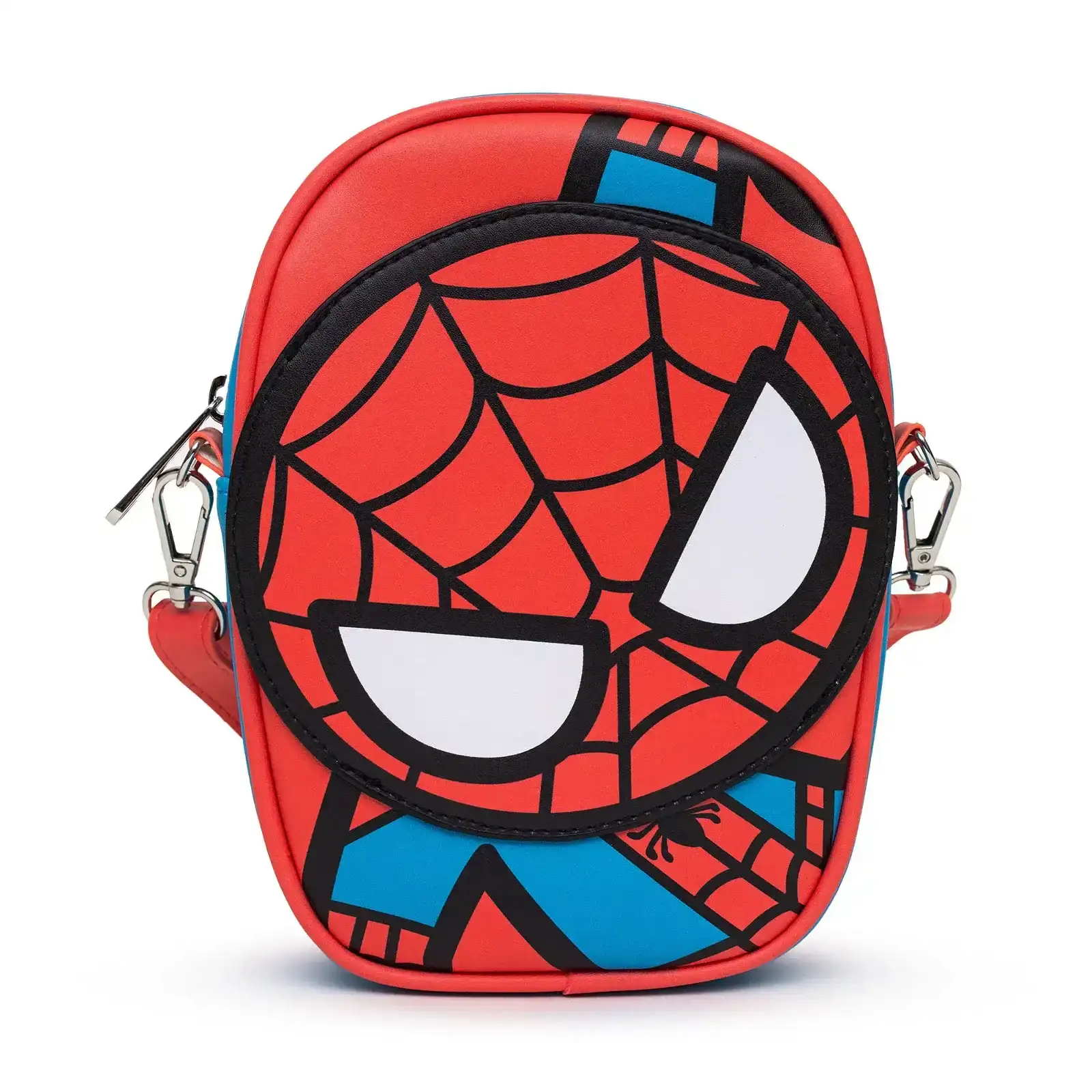 Image of Marvel Comics Bag, Cross Body, Kawaii Spider Man Character Close Up with Face Applique, Vegan Leather