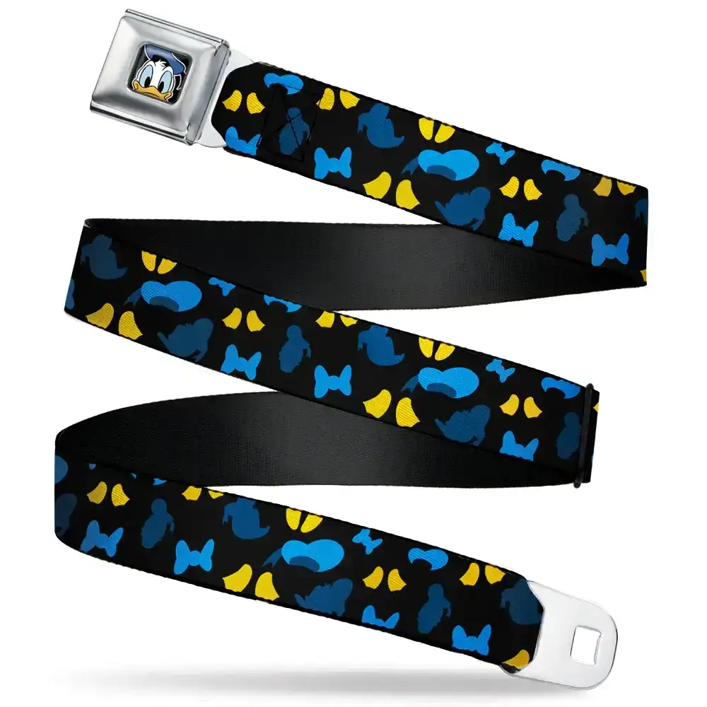 Image of Donald Duck Face CLOSE-UP Full Color Seatbelt Belt - Donald Duck Elements Scattered Black/Blues/Yellow Webbing