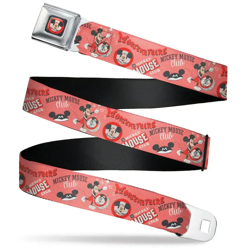 Image of Disney 100 MICKEY MOUSE CLUB Classic Title Logo Full Color Black Seatbelt Belt - Disney 100 Mickey Mouse Club Collage Red Webbing
