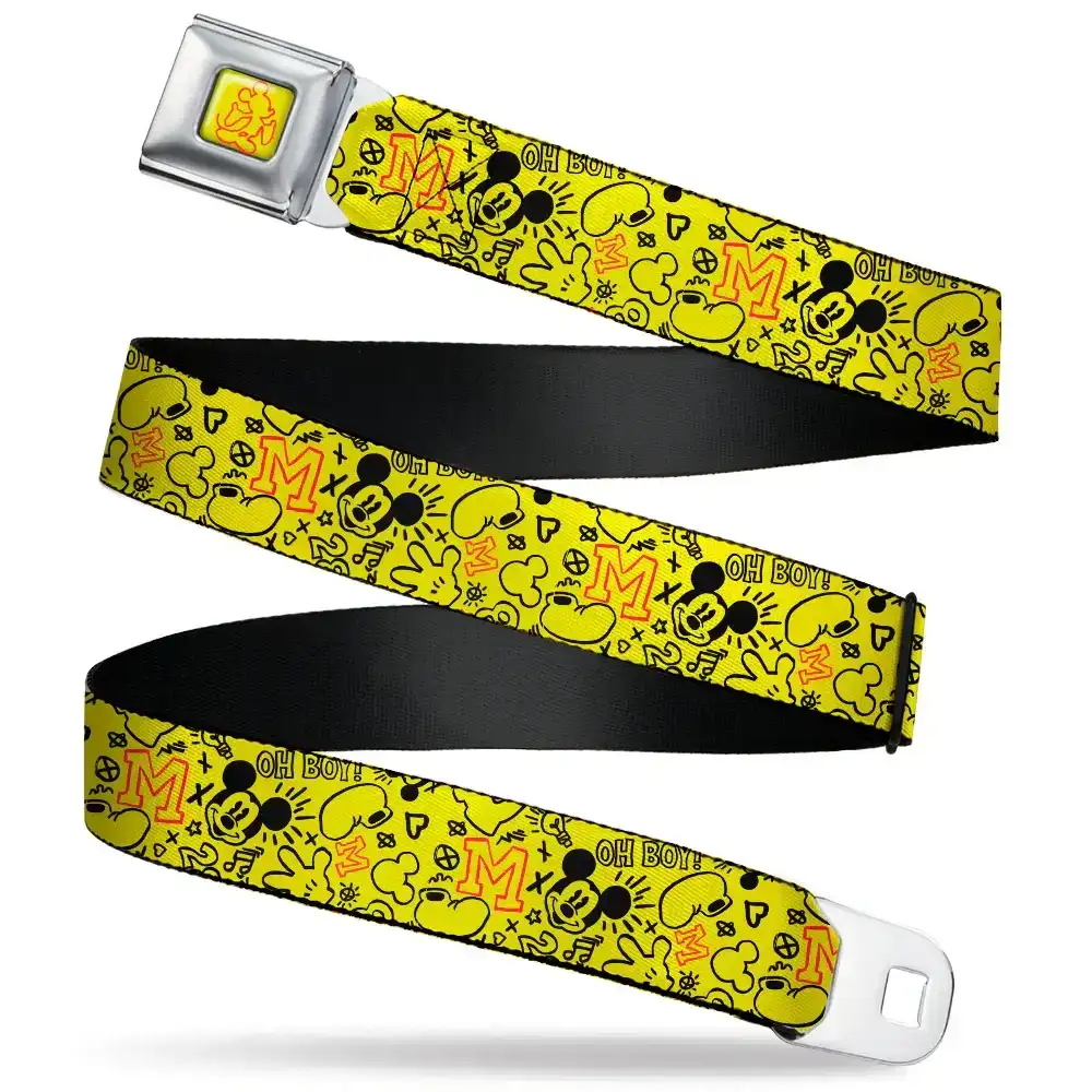 Image of Mickey Mouse Hands Out Pose Outline Yellow/Red Seatbelt Belt - Mickey Mouse Icon Doodles Collage Yellow/Black/Red Webbing