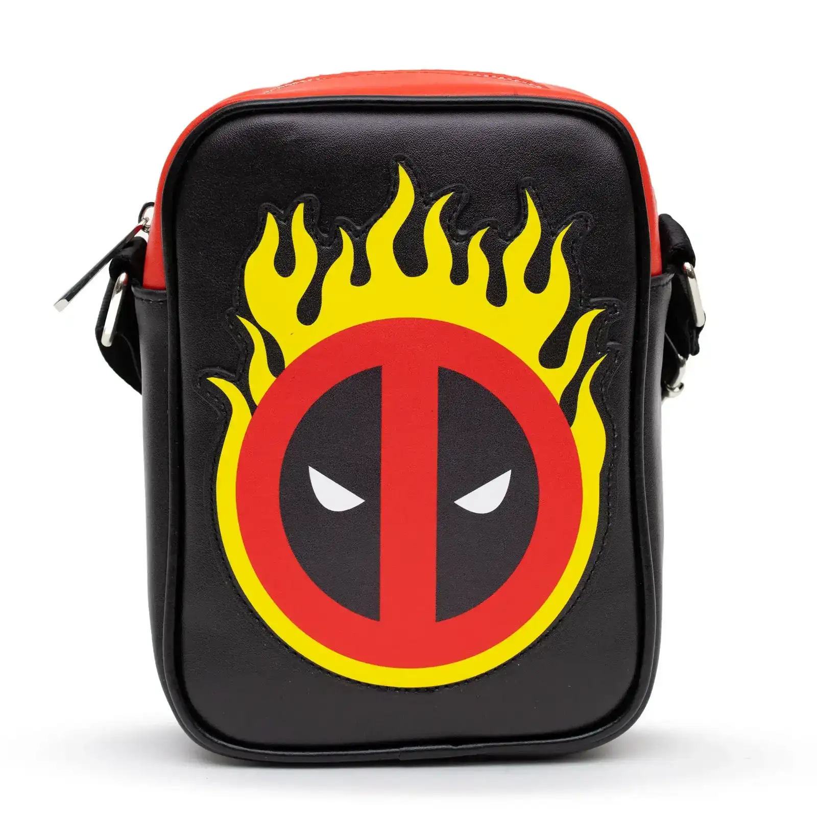 Image of Marvel Comics Bag, Cross Body, Deadpool Flame Logo, Red Black, Vegan Leather